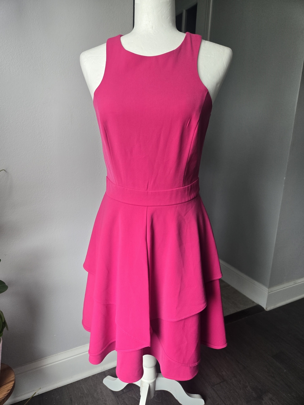 Adelyn Rae Asymmetric Tiered Ruffle Skater Dress Hot Pink Fuchsia Size S